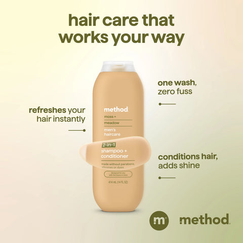 men 2-in-1 shampoo + conditioner - moss + meadow, 14 fl oz